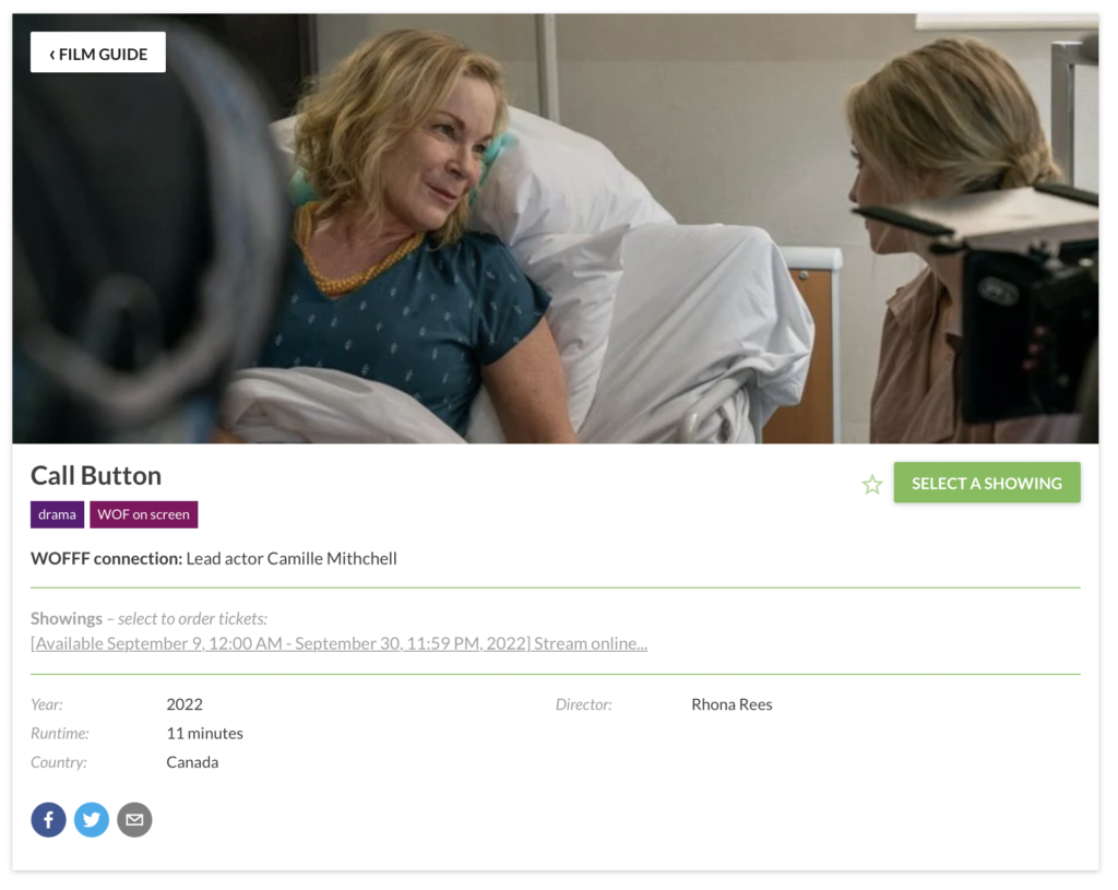 A photo showing an older woman in a hospital bed, talking to a younger woman. The text describes the movie Call Button.